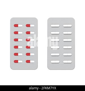 Comprimés de médecine en blister isolé sur blanc. Maquette 3d réaliste pour médicaments pharmaceutiques, capsules et comprimés. Icônes médicales et de soins de santé. E Illustration de Vecteur