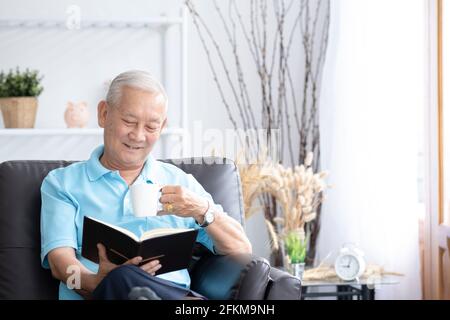 Détendez-vous homme âgé assis sur un canapé et lisant un livre intéressant je Banque D'Images