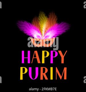 Lettrage et masque Happy Purim avec plumes isolées sur fond noir. Affiche traditionnelle juive de carnaval. Modèle vectoriel pour la partie mascarade dans Illustration de Vecteur