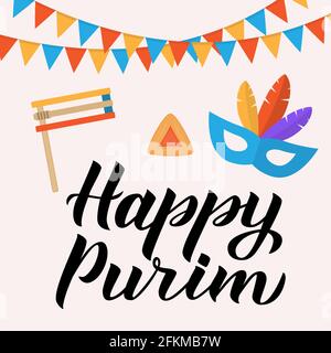 Happy Purim calligraphie lettering, masque avec plumes, noisette et biscuit hamantaschen. Affiche traditionnelle juive de carnaval. Modèle vectoriel pour pur Illustration de Vecteur