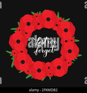 Ne nous oublions pas la calligraphie lettrage à la main. Couronne de fleurs de pavot rouge symbole du jour du souvenir. Vacances le 11 novembre. Modèle vectoriel pour le message d'accueil Illustration de Vecteur