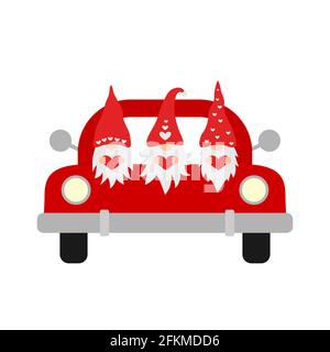 Chariot de Saint-Valentin et gnomes de dessin animé mignons. Camion rétro rouge. Le pick-up vintage livre des cœurs. Modèle vectoriel pour carte de vœux de Saint-Valentin, bann Illustration de Vecteur