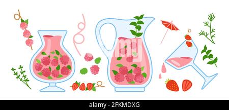 Ensemble confortable de dessin animé à la framboise, verre, herbes. Boisson aux baies dans une théière transparente avec ingrédients. Mug à la main thé temps plat style. Illustration pour les messages d'accueil, les invitations, la carte, le vecteur d'affiche Illustration de Vecteur