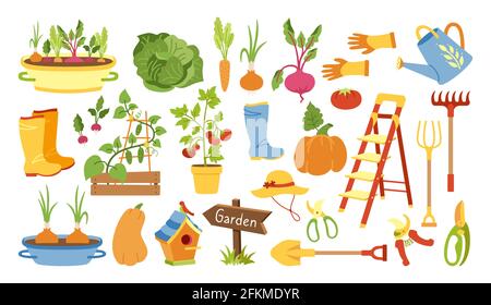 Ensemble de dessin animé plat pour outils de jardin. Légumes ruraux, clôture rustique. Bottes en caoutchouc, fourche et gants, sécateurs. Chariot de jardin, cabane à oiseaux et arrosoir. Illustration vectorielle isolée dessinée à la main Illustration de Vecteur