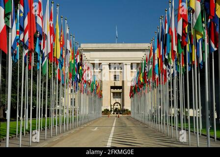 Nations Unies, ONU, Cour du drapeau, Palais des Nations, Genève, Canton de Genève, Suisse Banque D'Images