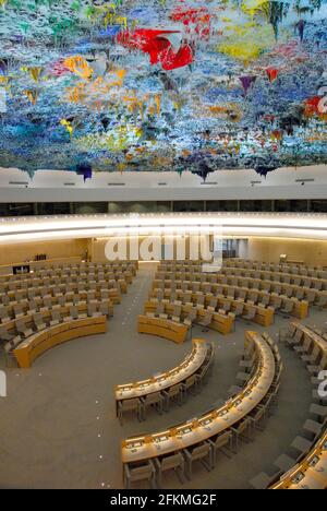 Salle des droits de l'homme et Alliance des civilisations, ONU, dôme de plafond de Miquel Barcelo, Palais des Nations, Nations Unies, Genève, Canton de Banque D'Images