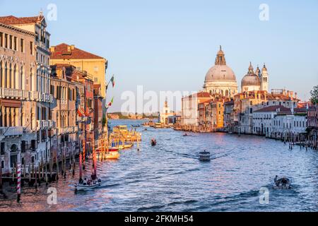 Ambiance nocturne, vue du Ponte dell'Accademia au Grand Canal et à la basilique Santa Maria della Salute, Venise, Vénétie, Italie Banque D'Images