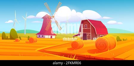 Moulin et grange sur ferme nature rural fond avec des piles de foin sur le champ et éco-moulins à vent sous ciel nuageux. Campagne agricole paisible été ou paysage d'automne. Illustration vectorielle de dessin animé Illustration de Vecteur