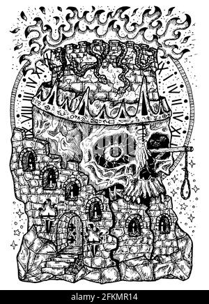 Illustration gravée en noir et blanc de la tour détruite et de la tête effrayante avec une flamme, des jacles et une couronne. Fond mystique pour Halloween, ésotérique, obtenu Banque D'Images