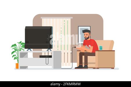 Homme souriant jouant à la console de jeux vidéo à la maison. Illustration vectorielle avec le type hipster se trouve sur un canapé, tient une manette de jeu et montre la télévision. Chambre Illustration de Vecteur