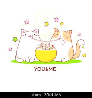 Couple de chats gras mignons mangent des nouilles ramen. Inscription You&Me. Personnage de kawaii pour un imprimé t-shirt, affiche pour la pépinière. Illustration vectorielle EPS8 Illustration de Vecteur