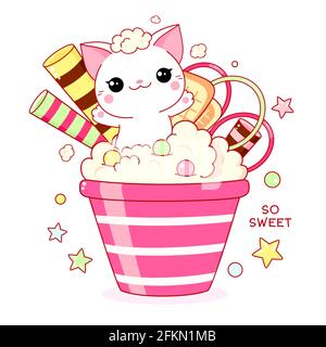 Carte mignonne en style kawaii. Joli petit chat à la crème glacée. Inscription si douce. Illustration vectorielle EPS8 Illustration de Vecteur