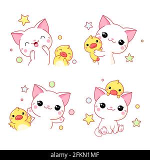 Ensemble de chat kawaii et de caneton. Le mignon petit canard et les amis chatons s'embrasent et jouent. Illustration vectorielle EPS8 Illustration de Vecteur