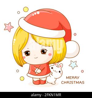 Carte de vœux de Noël style kawaii. Jolie petite fille timide avec son petit ami. Inscription Joyeux Noël. Peut être utilisé avec une carte de Noël, un autocollant, Illustration de Vecteur