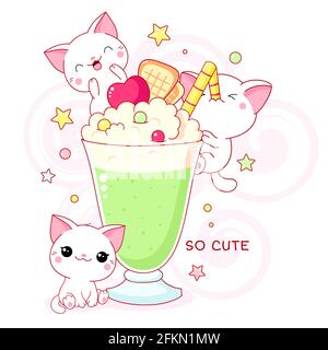 Carte mignonne en style kawaii. Trois chats adorables avec un cocktail à la menthe. Inscription si mignon. Illustration vectorielle EPS8 Illustration de Vecteur