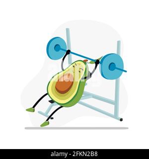 Avocat dans la salle de gym presse de banc, personnage mignon actif, nourriture drôle, la nutrition de la nature, faire du sport et de la forme physique. Illustration vectorielle Illustration de Vecteur