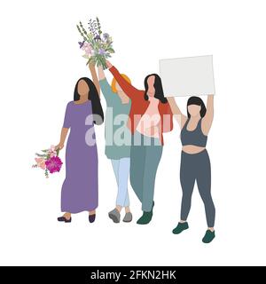 Les femmes se regroupent avec des fleurs et des pancartes, luttent pour la paix et les droits des femmes. Une foule féminine avec bannière, dessin animé d'équipe de genre, mouvement de femme sisterhood il Illustration de Vecteur