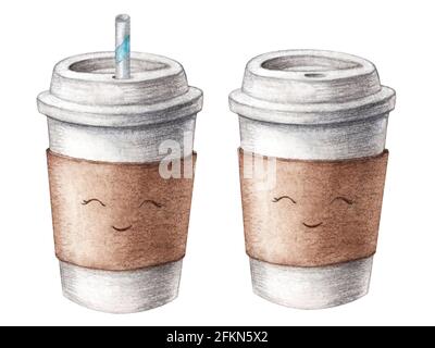 Papier de carton aquarelle dessiné à la main, joli ensemble de tasses à café avec un tube de paille, à emporter, isolé sur fond blanc. Illustration de la nourriture, café à emporter. Aquarelle. Illustration de haute qualité Banque D'Images