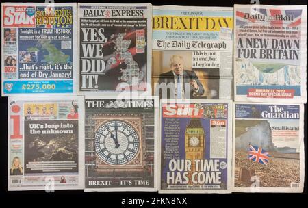 Première page des journaux britanniques la veille du Brexit, le 31 janvier 2020 le jour où le Royaume-Uni allait sortir de l'Union européenne. Banque D'Images