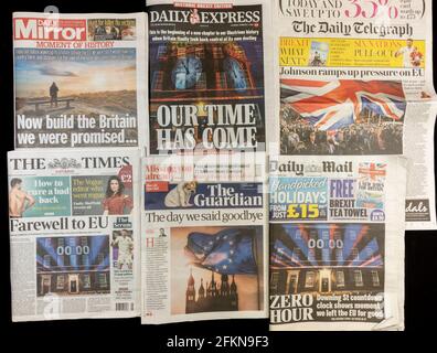 Première page des journaux britanniques le 1er février 2020 après la sortie du Royaume-Uni de l'Union européenne le 31 janvier 2020. Banque D'Images