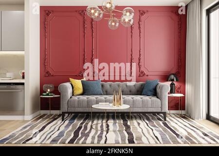 Décoration intérieure rouge bonbon classique avec canapé et éclairage suspendu idée . Banque D'Images