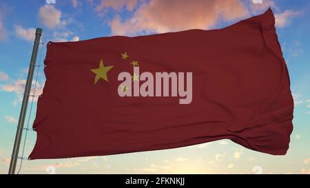 Le drapeau rouge de la Chine flotte dans le vent. rendu 3d Banque D'Images