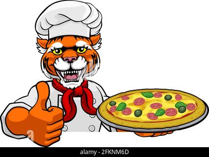 Cartoon Pizza Chef tigre Mascotte Restaurant Sign Illustration de Vecteur