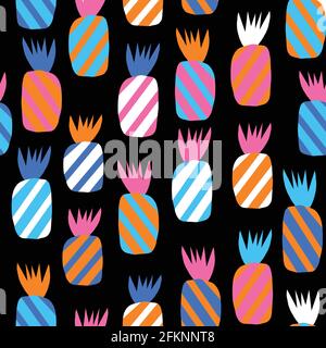 Ananas abstrait sans couture motif vectoriel. Répétition coloré tropical fond rose bleu orange noir blanc. Fruits exotiques dessinés à la main isolés Illustration de Vecteur