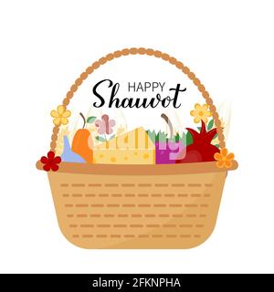 Carte de vœux Happy Shavuot avec lettrage et panier de symboles traditionnels grenade, fromage, etc. Affiche typographique des fêtes juives. Facile à modifier Illustration de Vecteur