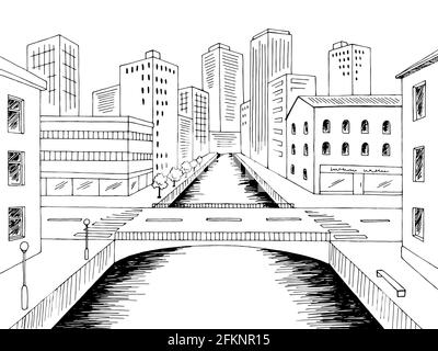 Ville rivière Street Bridge graphique noir blanc esquisse illustration vecteur Illustration de Vecteur