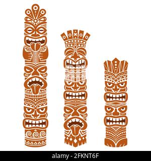 Hawaiian and Polynesian Tiki Pole totem design vectoriel - fond d'art folklorique tribal brun, statue à deux ou trois têtes Illustration de Vecteur