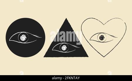 Icônes de trait de craie de crayon définies dans les formes de cercle, triangle, coeur. Pixel Perfect. Images de graviers dessinées à la main en gris noir, blanc Illustration de Vecteur