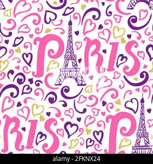 Motif Paris sans coutures. Dessin à la main moderne de couleur rose motif de surface pour les filles. Illustration vectorielle encre Doodle la Tour Eiffel avec les coeurs est isolée Illustration de Vecteur