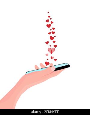 Téléphone portable dans la main. Femme tient un smartphone noir. Toucher l'écran avec le doigt. Copiez l'espace pour votre texte. Illustration vectorielle, fond blanc Illustration de Vecteur