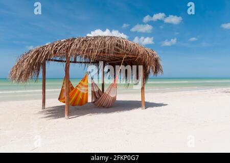 Une cabane rustique avec des hamacs sur une plage sur l'île de Holbox au Mexique, en arrière-plan le ciel bleu et l'océan des Caraïbes. Concept de voyage de détente Banque D'Images