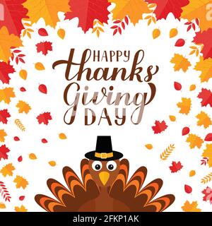 Joyeux jour de Thanksgiving moderne calligraphie brosse lettering avec mignon dessin de dinde et coloré feuilles d'automne. Modèle vectoriel facile à modifier pour le message d'accueil Illustration de Vecteur