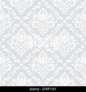 Papier peint damassé de luxe ou motif imprimé en tissu, motif vectoriel en tissu rétro, décor royal élégant blanc sur fond gris argenté Illustration de Vecteur