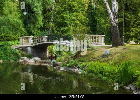 Lac avec un pont dans le parc Ujazdow (parc Ujazdowski) dans la ville de Varsovie, Pologne. Banque D'Images