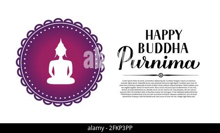 Joyeux Bouddha Purnima calligraphie lettrage à la main et silhouette de Bouddha. Affiche typographique de vacances bouddhistes Vesak. Modèle vectoriel pour carte de vœux, Illustration de Vecteur