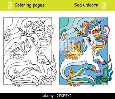 Jolie licorne de mer avec longue queue et manne. Page de livre de coloriage pour les enfants avec modèle coloré. Illustration vectorielle isolée. Pour colorier b Illustration de Vecteur