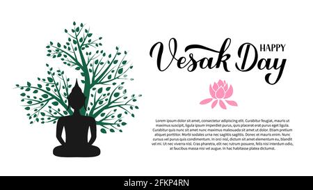 Joyeux jour de Vesak calligraphie lettrage à la main et silhouette de Bouddha sous l'arbre. Affiche typographique de vacances indiennes Vesak. Modèle vectoriel pour le message d'accueil c Illustration de Vecteur