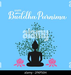 Joyeux Bouddha Purnima calligraphie lettrage à la main et silhouette de Bouddha sous l'arbre. Affiche typographique de vacances bouddhistes Vesak. Modèle vectoriel pour gre Illustration de Vecteur