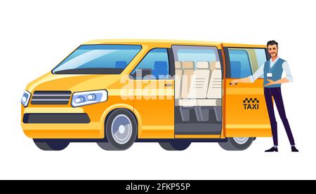 Chauffeur de taxi invitant le passager prendre un taxi minibus. Service de chauffeur de minibus. Entreprise CAB. Geste de la main de bienvenue. Illustration vectorielle, plate Illustration de Vecteur