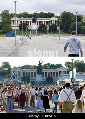 Munich, Allemagne. 03ème mai 2021. En raison de la pandémie du coronavirus : l'Oktoberfest sera également annulée en 2021 sans l'Oktoberfest, il y a un vide béant sur l'immense champ de foire en face du Hall of Fame et de la statue de Bavière. | utilisation dans le monde crédit: dpa/Alay Live News Banque D'Images