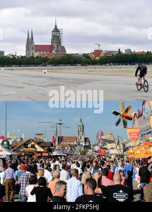 Munich, Allemagne. 03ème mai 2021. Sujet photo: Theresienwiese à Munich à Corona Times et avant. En raison de la pandémie du coronavirus : l'Oktoberfest sera également annulée en 2021 sans l'Oktoberfest, il y a un vide béant sur l'immense parc d'expositions. | utilisation dans le monde crédit: dpa/Alay Live News Banque D'Images