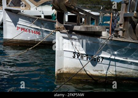 bateaux de pêche traditionnels amarrés dans le port de mahon à minorque en espagne Banque D'Images