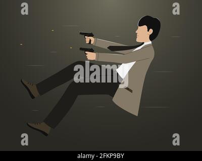 Un homme tire avec des pistolets. Illustration vectorielle d'un espion tirant une arme à feu. Illustration de Vecteur