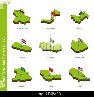 Ensemble de 9 cartes isométriques et drapeaux, vecteur 3D de forme isométrique du Venezuela, du Vietnam, du pays de Galles, du Yémen, de la Zambie, Zimbabwe, Brésil, Chine, États-Unis Illustration de Vecteur