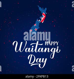 Banderole Happy Waitangi Day avec lettrage à la main moderne, carte et drapeau de la Nouvelle-Zélande et confetti. Modèle vectoriel facile à modifier pour le message d'accueil Illustration de Vecteur