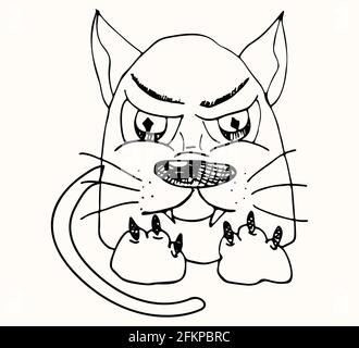 Personnage de chat mécontent et en colère dessiné avec un marqueur. Personnage de dessin animé, imitation d'un dessin pour enfants. Illustration de Vecteur